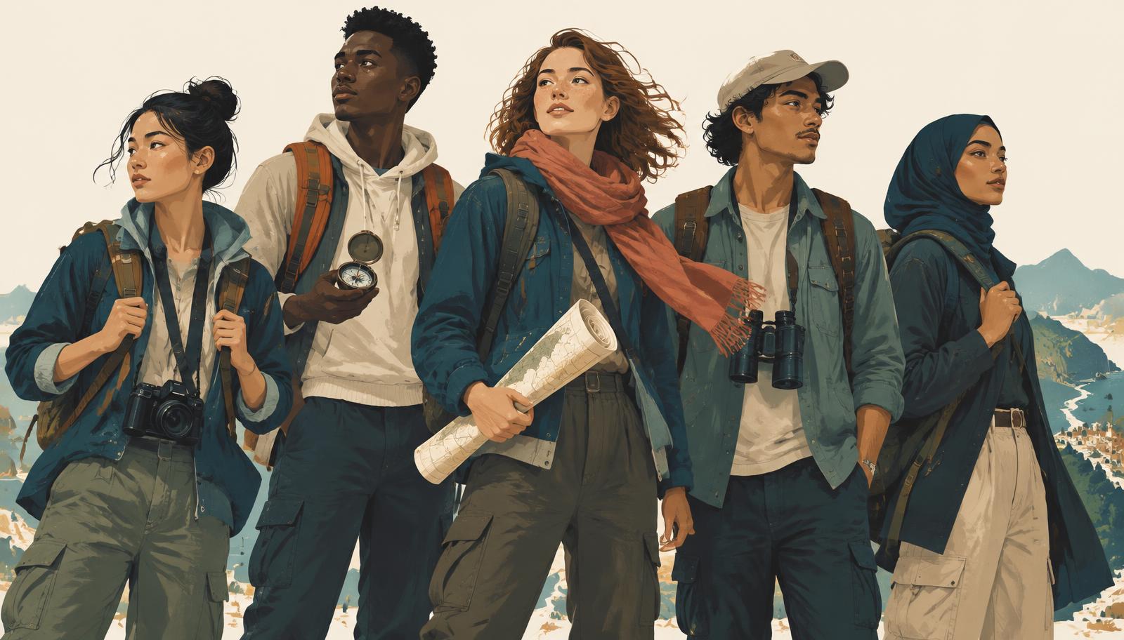 Tripulação diversa de jovens exploradores