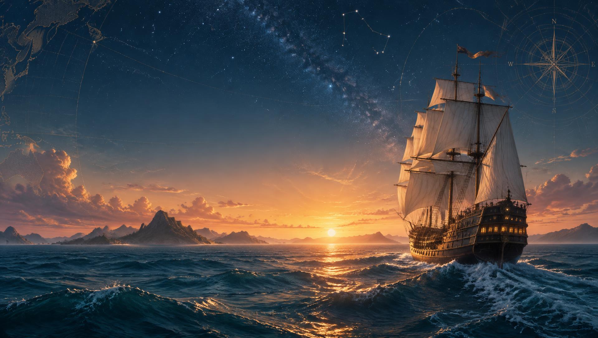 Navio de expedição navegando rumo ao horizonte sob as estrelas